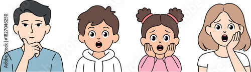 Diverse group of four cartoon people expressing shock, surprise, shock, surprise, thought, emotion, and contemplation with varied facial expressions and gestures