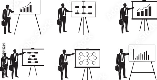Businessmen present diverse charts graphs and diagrams at presentation boards vector illustration