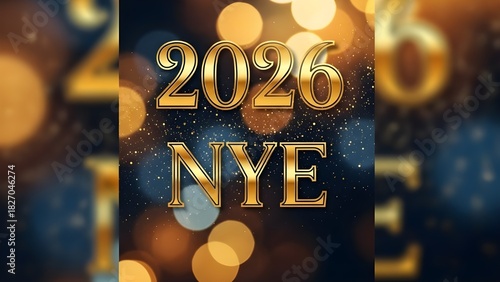 Vertical Poster Design for a New Year's Eve 2026 Celebration, Featuring Bold Golden Typography and Blurred Festive Lights.