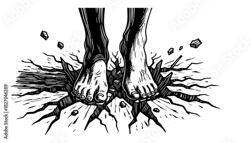 Bare feet cracking ground with dynamic energy in detailed black and white scratchboard style