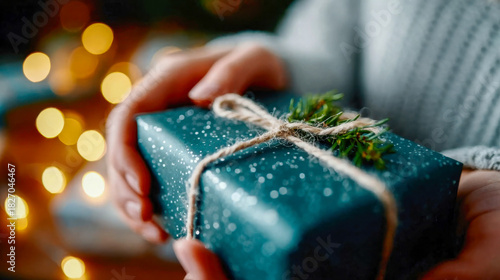 Child tying a bright ribbon on a light gift box, creating a festive and emotional scene