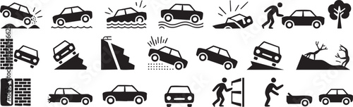 Car accident scenarios and safety awareness illustration in black and white