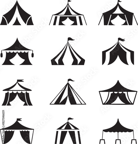 Collection of Black and White Circus Tent Icon Designs Illustration