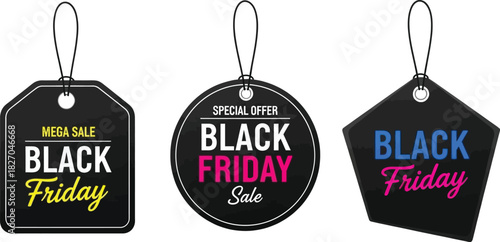 Modern set of three black promotional tags, prominently displaying 'Black Friday' messaging and discount offers for impactful seasonal retail events