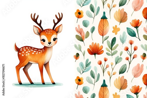 Watercolor Deer Illustration with Floral Pattern