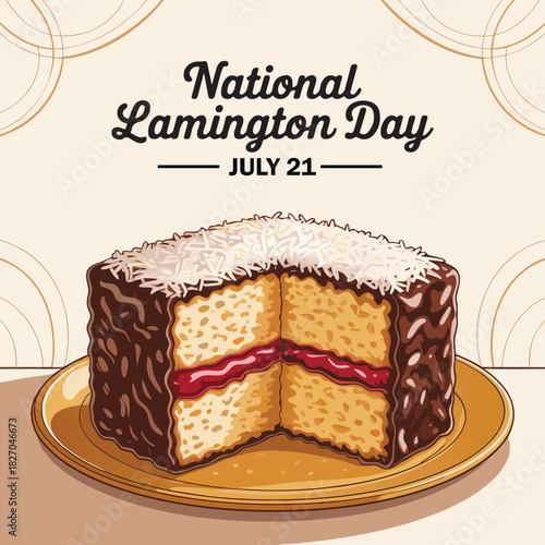 A piece of lamington cake with jelly on a plate for national lamington day july