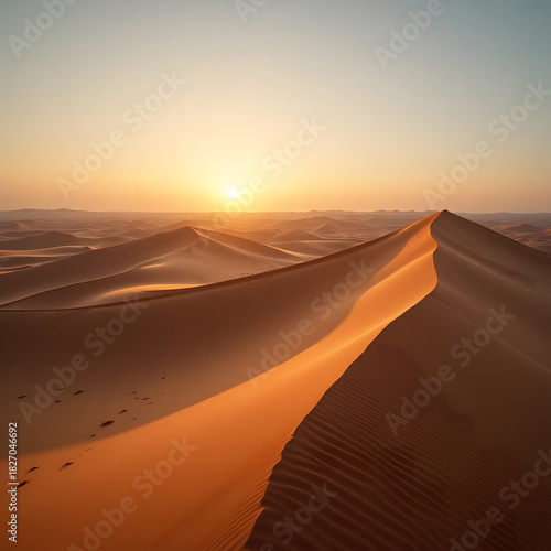 Fototapeta Naklejka Na Ścianę i Meble -  Sunrise casts long shadows over sand dunes of sahara desert scenic landscape with golden light creating beautiful arid scenery and vastness in africa during early morning light