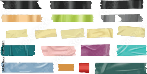 Collection of Various Adhesive Tape Pieces in Different Colors and Textures, Isolated on White Background for Design