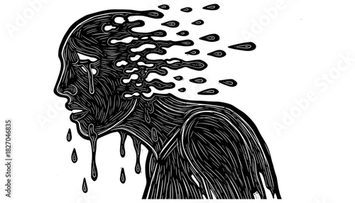 Expression of melancholy identity in dripping line art portrait