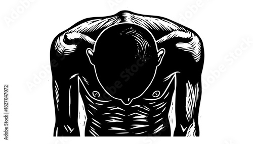 Moody black and white woodcut of a pensive figure with detailed muscle lines