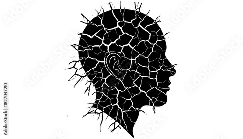 Silhouette of cracked human head symbolizing mental stress and fragility