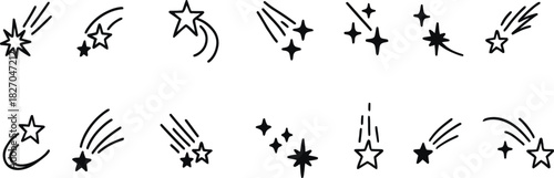 Cute line doodle space icons set. Hand drawn linear simple cosmic design elements. Rocket, sun, moon, planet, falling stars contour black and white illustrations