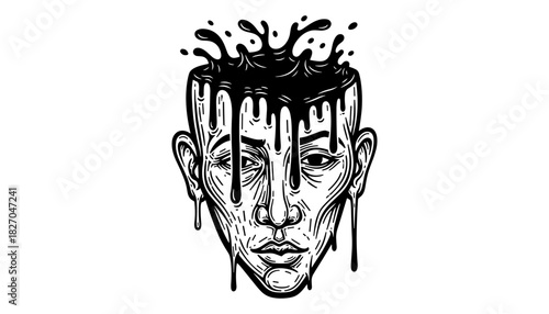 Surreal dripping face with melting ink effect in monochrome art style