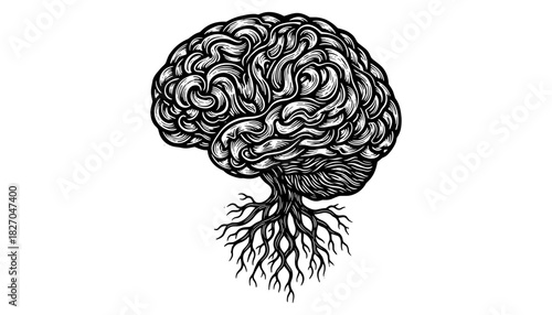 Intricate brain with tree roots: nature-inspired surreal artwork in detailed line art