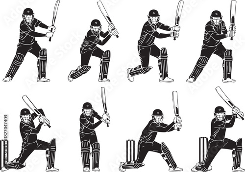 Cricket Batsman Stance Ready to Strike Black and White Graphics Collection