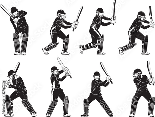 Cricket batsmen silhouettes in various poses with bat and protective gear