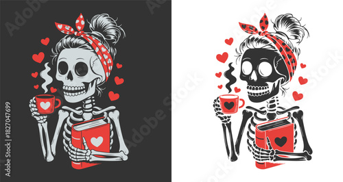 Skeleton Woman with Coffee Book and Hearts