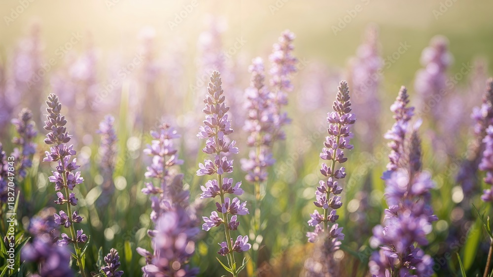 Obraz premium Lavender flowers in a field during sunlight with soft focus.