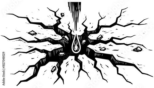 Dramatic cracked earth with falling drop in engraved style