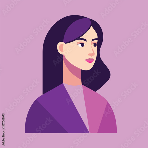 Portrait of a Woman with Dark Hair and Purple Outfit Keywords: woman, portrait, female, person