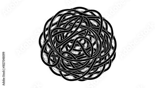 Intricate black and white circular knot design with complex intertwining pattern