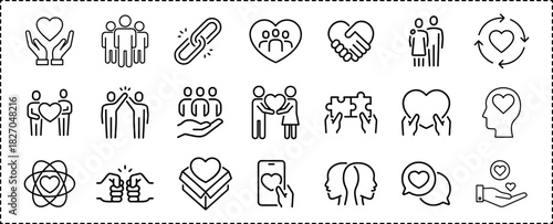 Love, friendship, care and charity concept editable stroke outline icons set. vector illustration
