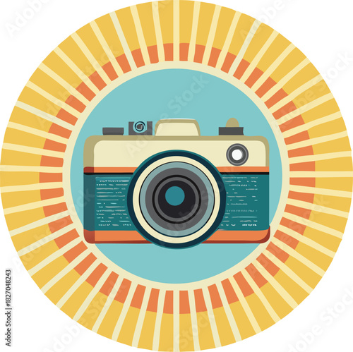 Retro Camera Icon in a Sunburst Circle vintage photography