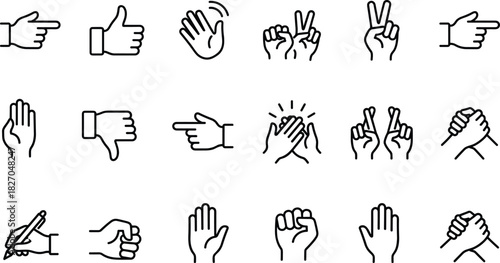 Hand Gestures and Signals Outline Icons Communication, Body Language, Thumbs Up, Clapping, Victory, and Interaction Symbols for Feedback and Agreement