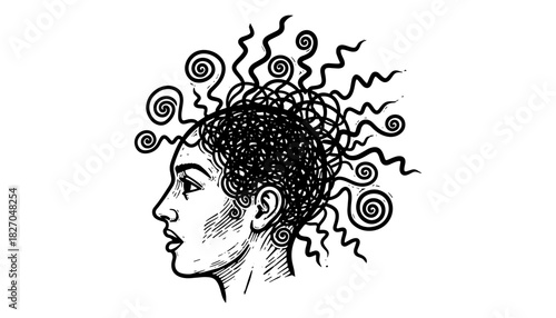 Intricate black and white doodle of a woman's profile with spiral hair