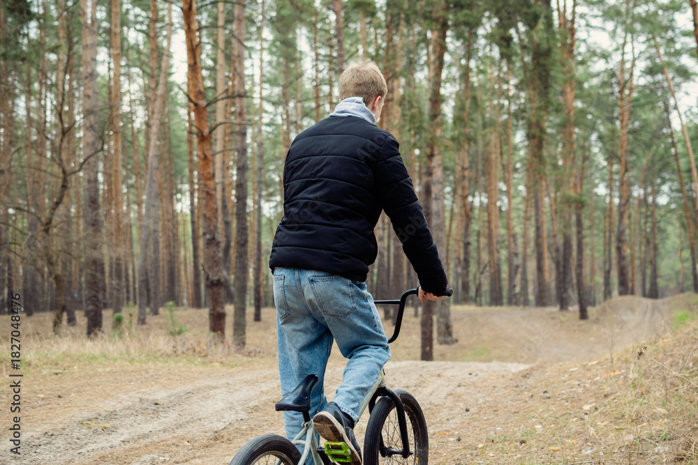 Fototapeta premium Young person rides BMX bike on a dirt trail in a pine forest, embodying outdoor adventure, youthful energy, and an active lifestyle.