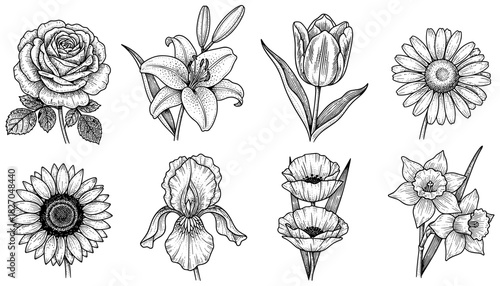 Hand drawn collection of vintage floral designs featuring roses, tulips, and more