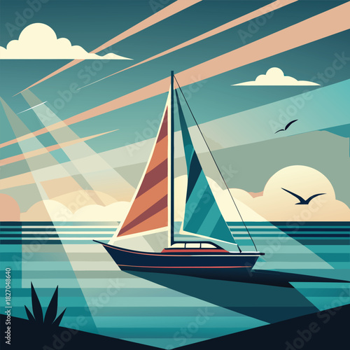 Sailboat Sailing Under a Softly Lit Geometric Sky ocean