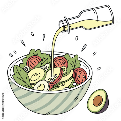 Salad dressing being poured onto a fresh salad food