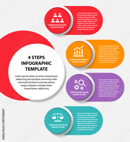 4 steps infographic flowchart design template, Vector infographic circle divided into 4 steps, minimal graphics, circular process. Ideal for presenting business processes, timelines, workflows