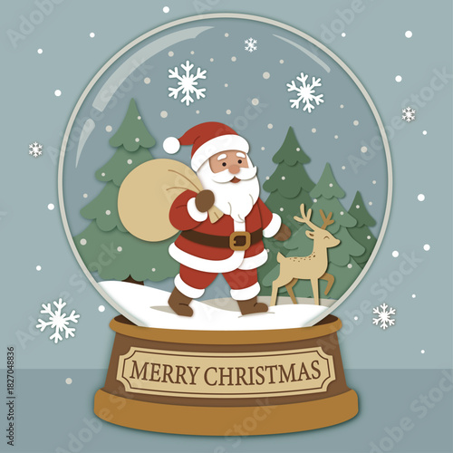 Christmas illustration of snow globe with Santa and reindeer among fir trees in paper cut style