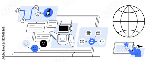 Robot chatbot handles queries, task automation, and customer feedback with flowcharts, icons, and global interface. Ideal for technology, automation, customer service, innovation global business