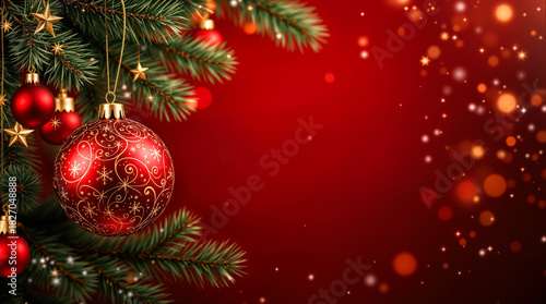 Weihnachtshintergrund mit festlichem Tannenbaumzweig, roten Christbaumkugeln und goldenen Sternen vor glitzerndem Bokeh-Rot