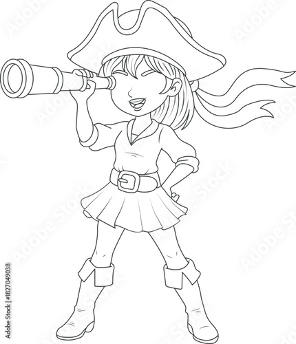 Cute young pirate girl standing confidently on a ship deck