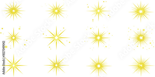 Collection of shining yellow starbursts and light effects isolated on a white background, design elements