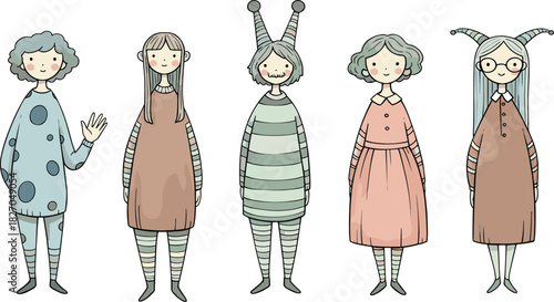 Whimsical Cartoon Characters with Unique Outfits and Hairstyles, Illustration for Design and Fun