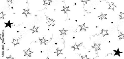 Whimsical Star Pattern A Delicate Black and White Background with Twinkling Stars and Delicate Swirls