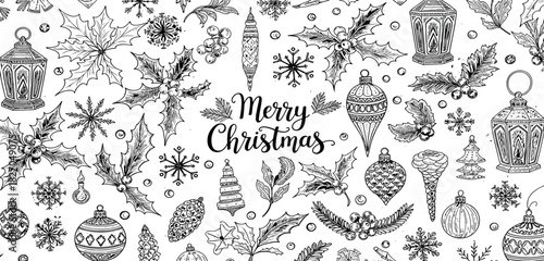 Seamless hand-drawn Christmas pattern with festive holiday elements, including holly, snowflakes, ornaments, and lanterns, perfect for seasonal designs and elegant backgrounds