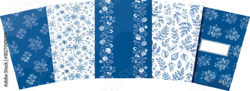 Collection of diverse blue and white seamless patterns featuring elegant floral, leaf, and abstract botanical motifs, ideal for decorative backgrounds and fabric design