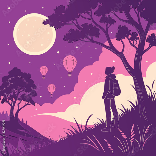 Silhouette Of Person With Backpack Watching Hot Air Balloons At Night Keywords: silhouette