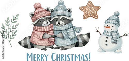 Christmas Raccoons and Snowman Watercolor Clipart