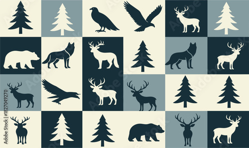 A diverse collection of stylized forest animals and evergreen trees arranged in a repeating geometric pattern, creating a seamless background with a rustic wildlife theme