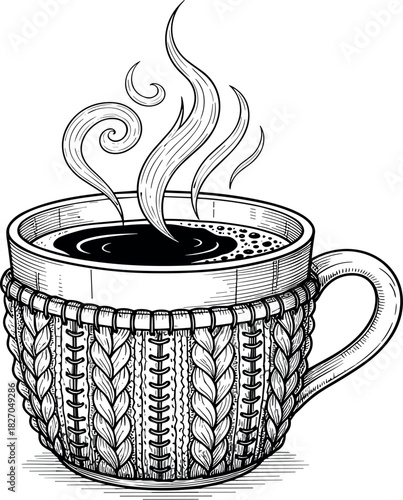 Steaming Coffee in a Cozy Knitted Mug, Perfect for a Warm Beverage Break
