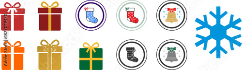 Christmas icon set featuring gift boxes, stockings, bells, and snowflakes in festive color variations.
