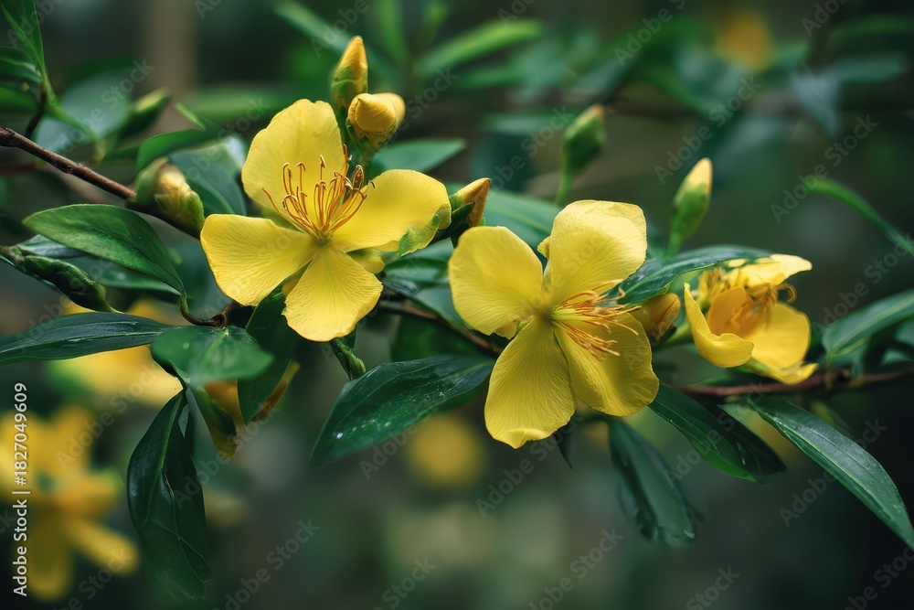 Obraz premium Vibrant Galphimia Blooms: A Beautiful Botanical Display of Yellow Flowers and Lush Green Foliage in a Serene Park