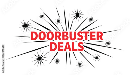 Explosive red text announces 'DOORBUSTER DEALS' against a white background with black starbursts.